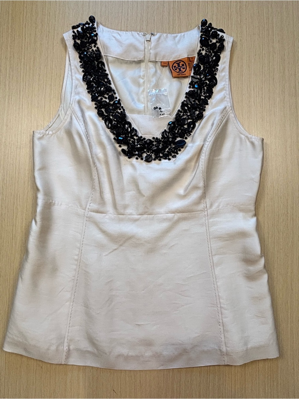 Tory Burch Grania Beaded Neck Silk Tank Top Ivory Cream Sz 12